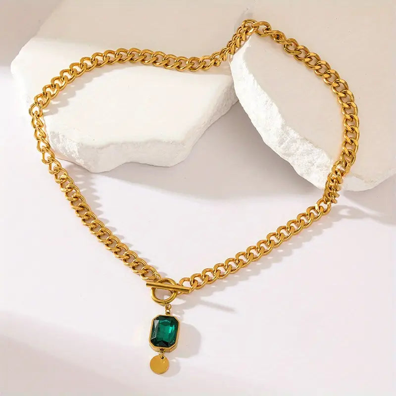 Emerald Gold Pendant Necklace with Chain