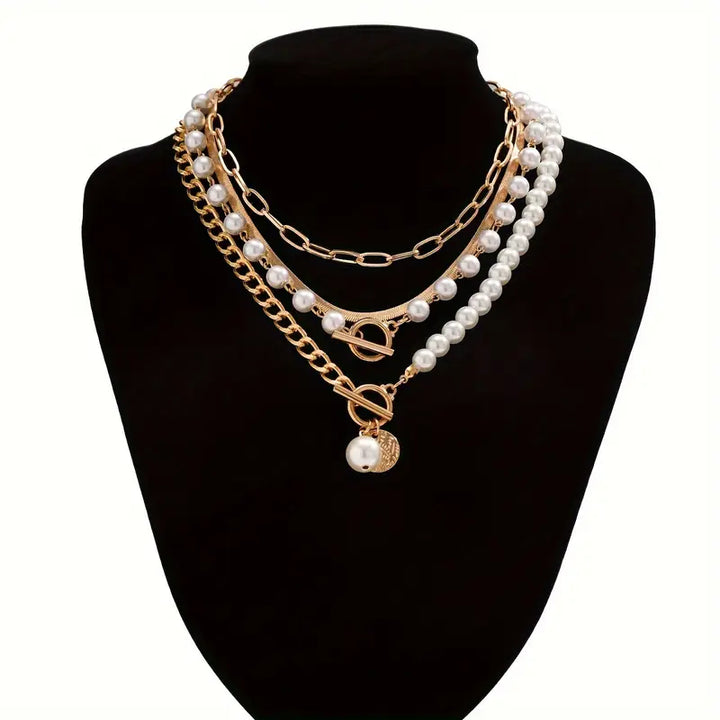 Retro Pearl and Gold Snake Chain Necklace Set