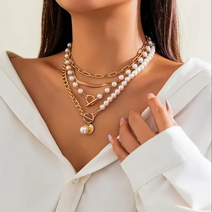 Retro Pearl and Gold Snake Chain Necklace Set