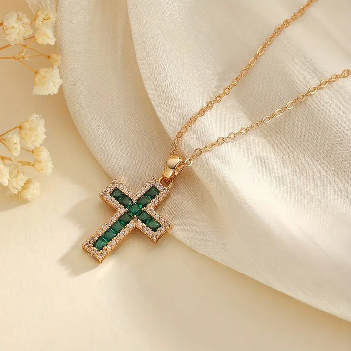 Green Emerald Cross Pendant in Gold Necklace