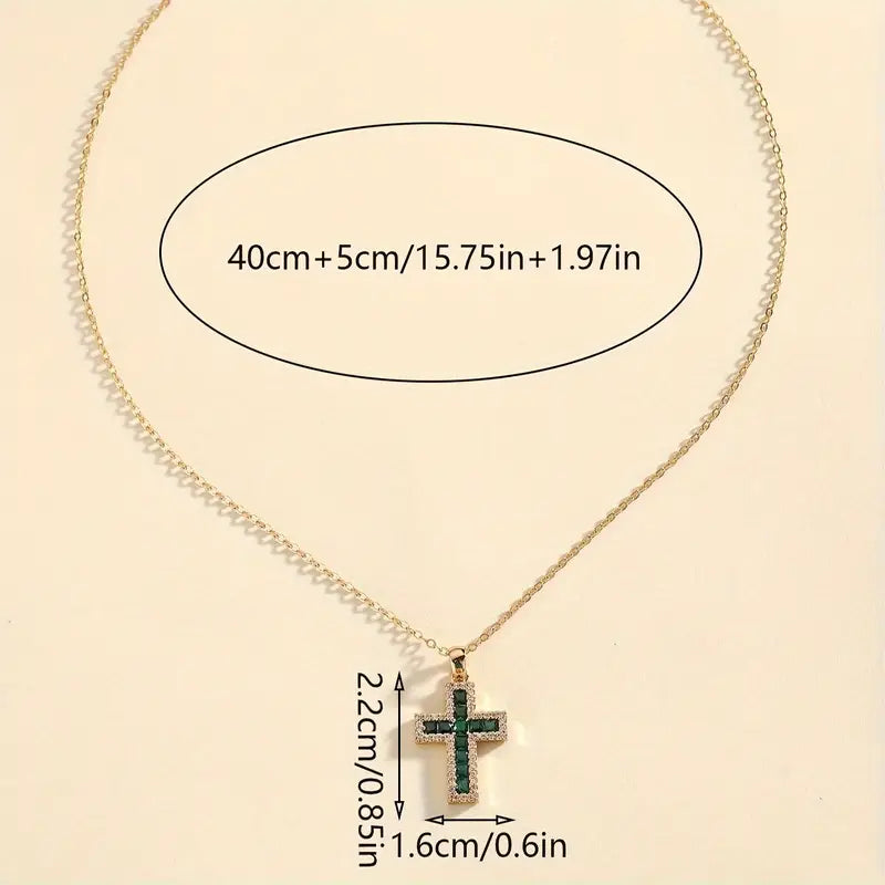 Green Emerald Cross Pendant in Gold Necklace
