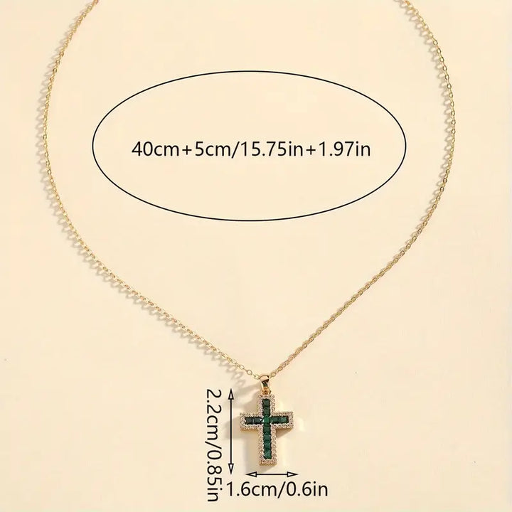 Green Emerald Cross Pendant in Gold Necklace