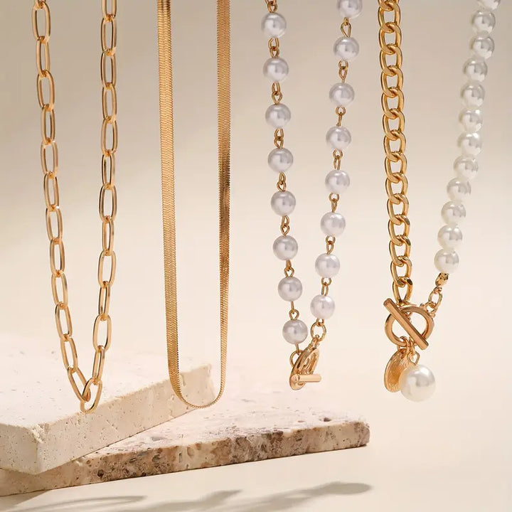 Retro Pearl and Gold Snake Chain Necklace Set