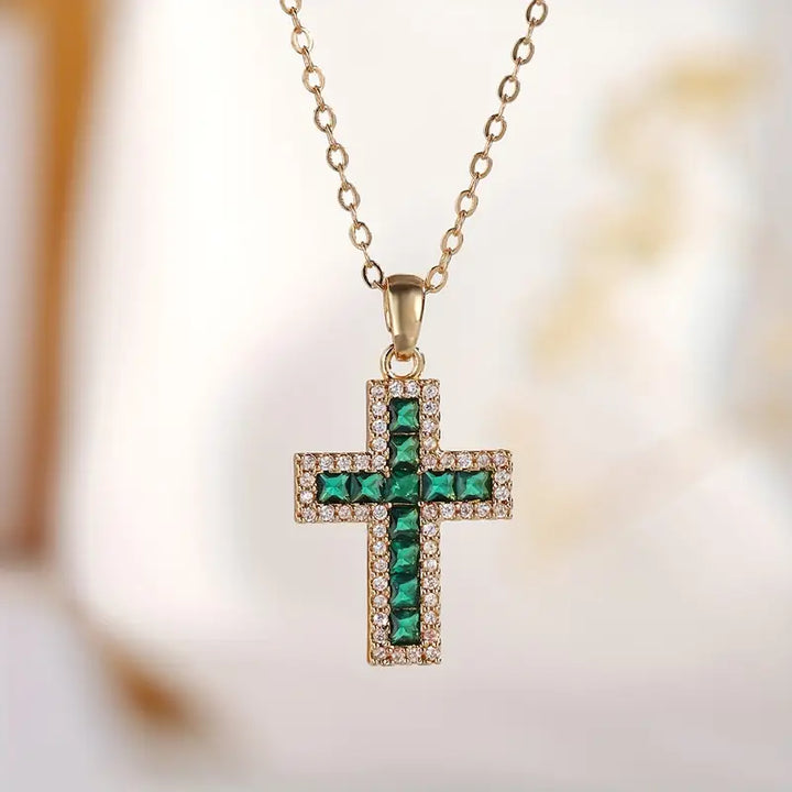Green Emerald Cross Pendant in Gold Necklace