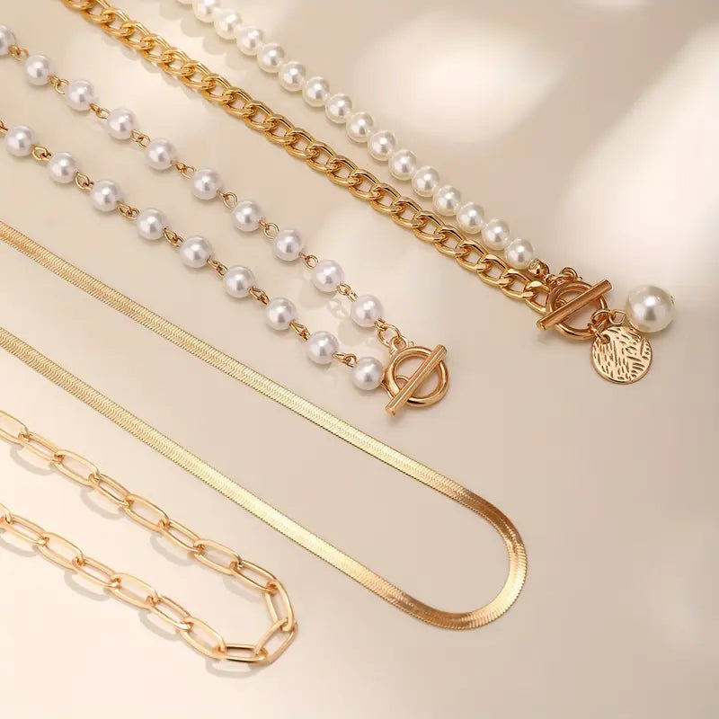 Retro Pearl and Gold Snake Chain Necklace Set