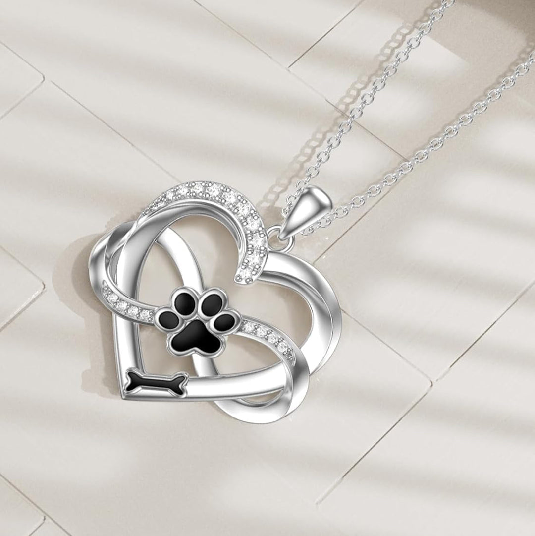 Infinity Heart & Paw Necklace in 925 Sterling Silver with Zirconia Stones