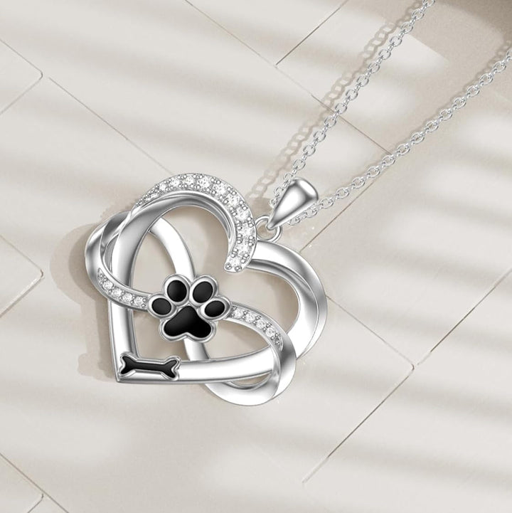 Infinity Heart & Paw Necklace in 925 Sterling Silver with Zirconia Stones