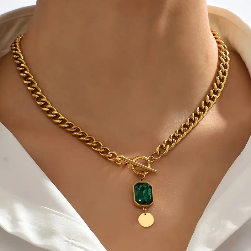 Emerald Gold Pendant Necklace with Chain