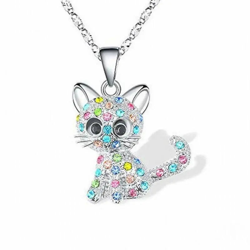 Silver Baby Cat Necklace with Colorful Zirconia