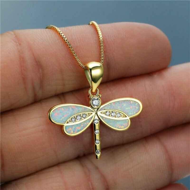 Sophisticated Necklace with Gold and Blue Opal Dragonfly Pendant