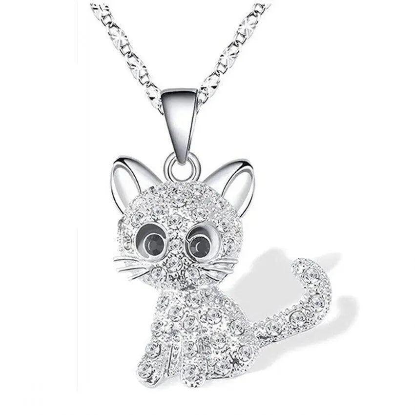 Silver Baby Cat Necklace with Colorful Zirconia