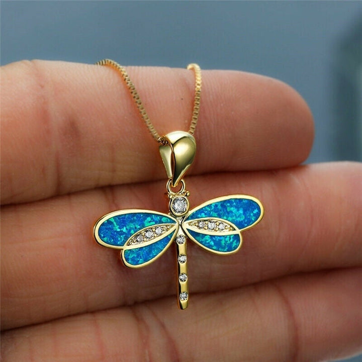 Sophisticated Necklace with Gold and Blue Opal Dragonfly Pendant