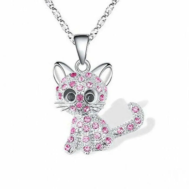 Silver Baby Cat Necklace with Colorful Zirconia