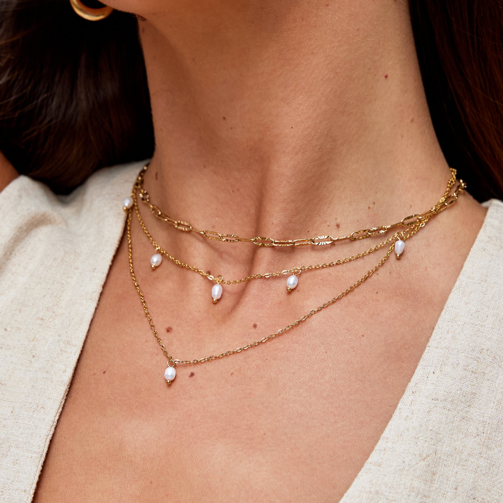 Multilayer Necklace with Pearl Drops