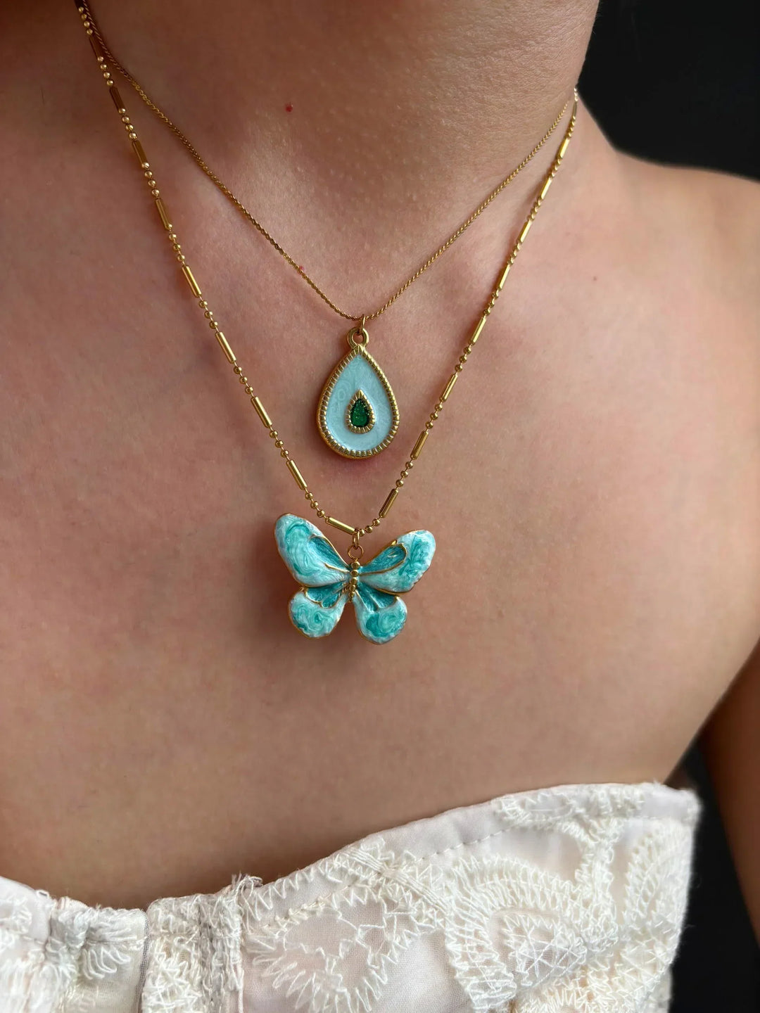 Charming Blue Butterfly and Water Drop Necklace Set