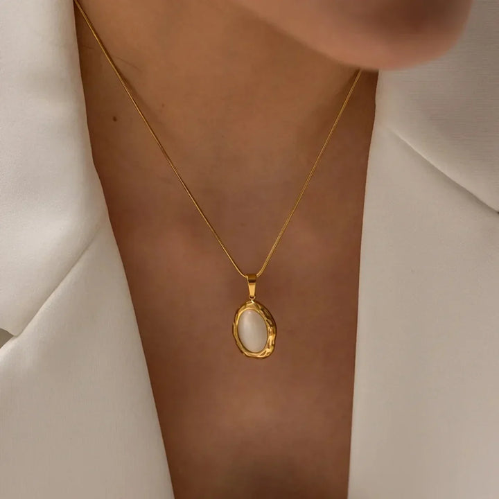 Gold plated oval cat's eye opal necklace