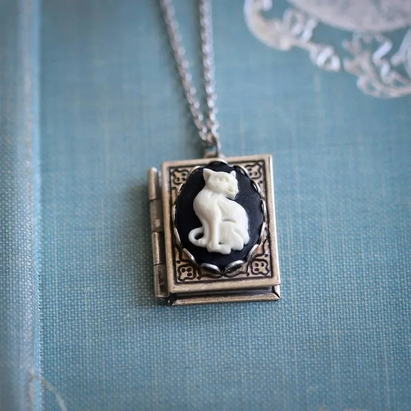 Retro Cat Book Pendant Necklace – Rotate Page Design