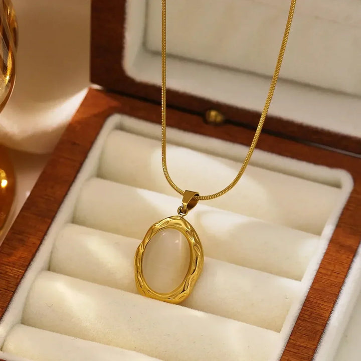 Gold plated oval cat's eye opal necklace