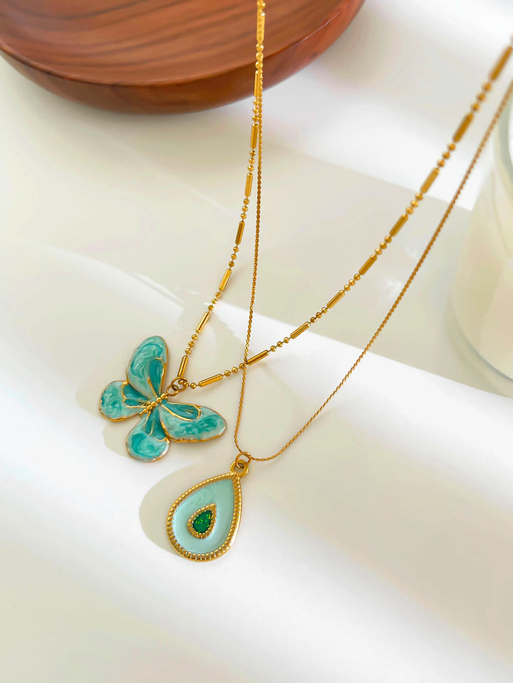 Charming Blue Butterfly and Water Drop Necklace Set