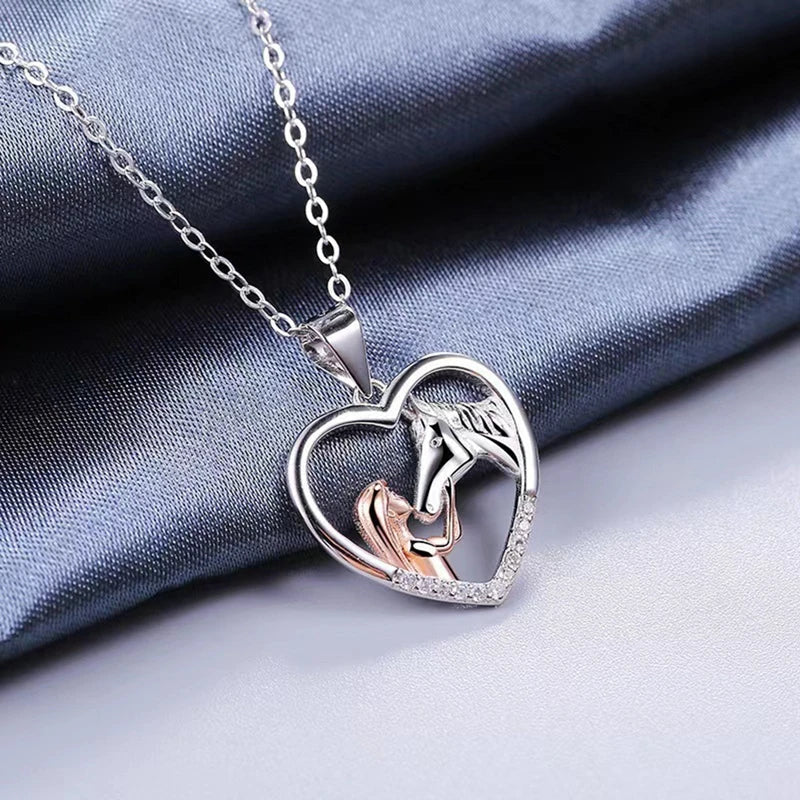 Elegant Heart Zircon Necklace with Girl and Horse