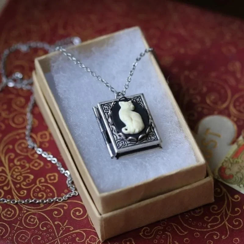 Retro Cat Book Pendant Necklace – Rotate Page Design