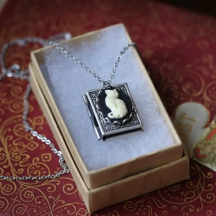 Retro Cat Book Pendant Necklace – Rotate Page Design
