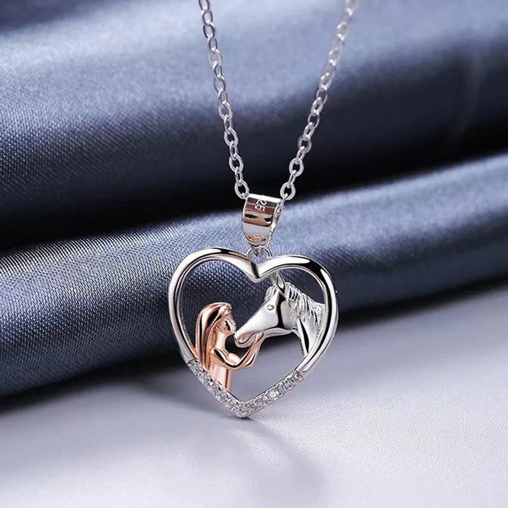 Elegant Heart Zircon Necklace with Girl and Horse