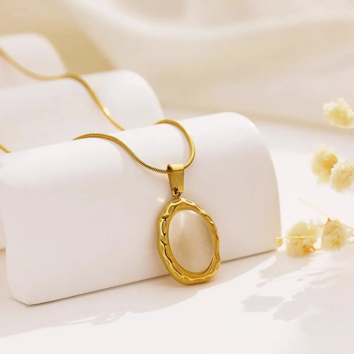 Gold plated oval cat's eye opal necklace
