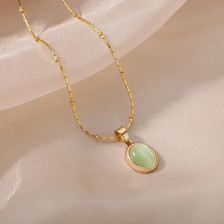 Elegant Gold Stainless Steel Water Drop Opal Pendant Necklace