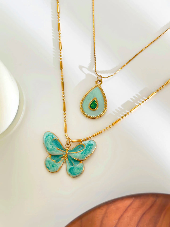 Charming Blue Butterfly and Water Drop Necklace Set