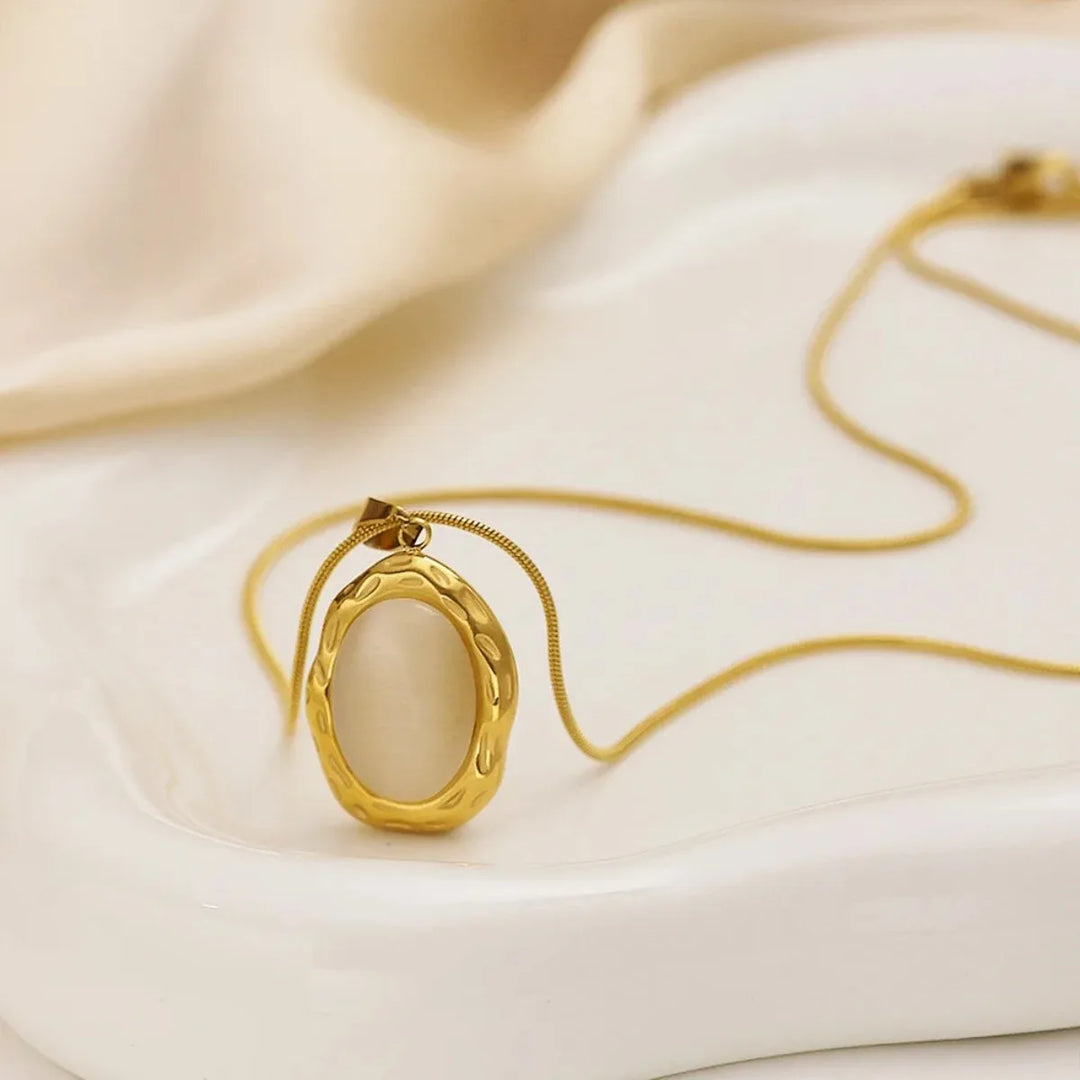 Gold plated oval cat's eye opal necklace