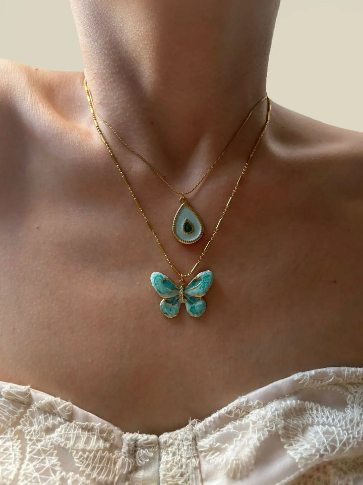 Charming Blue Butterfly and Water Drop Necklace Set