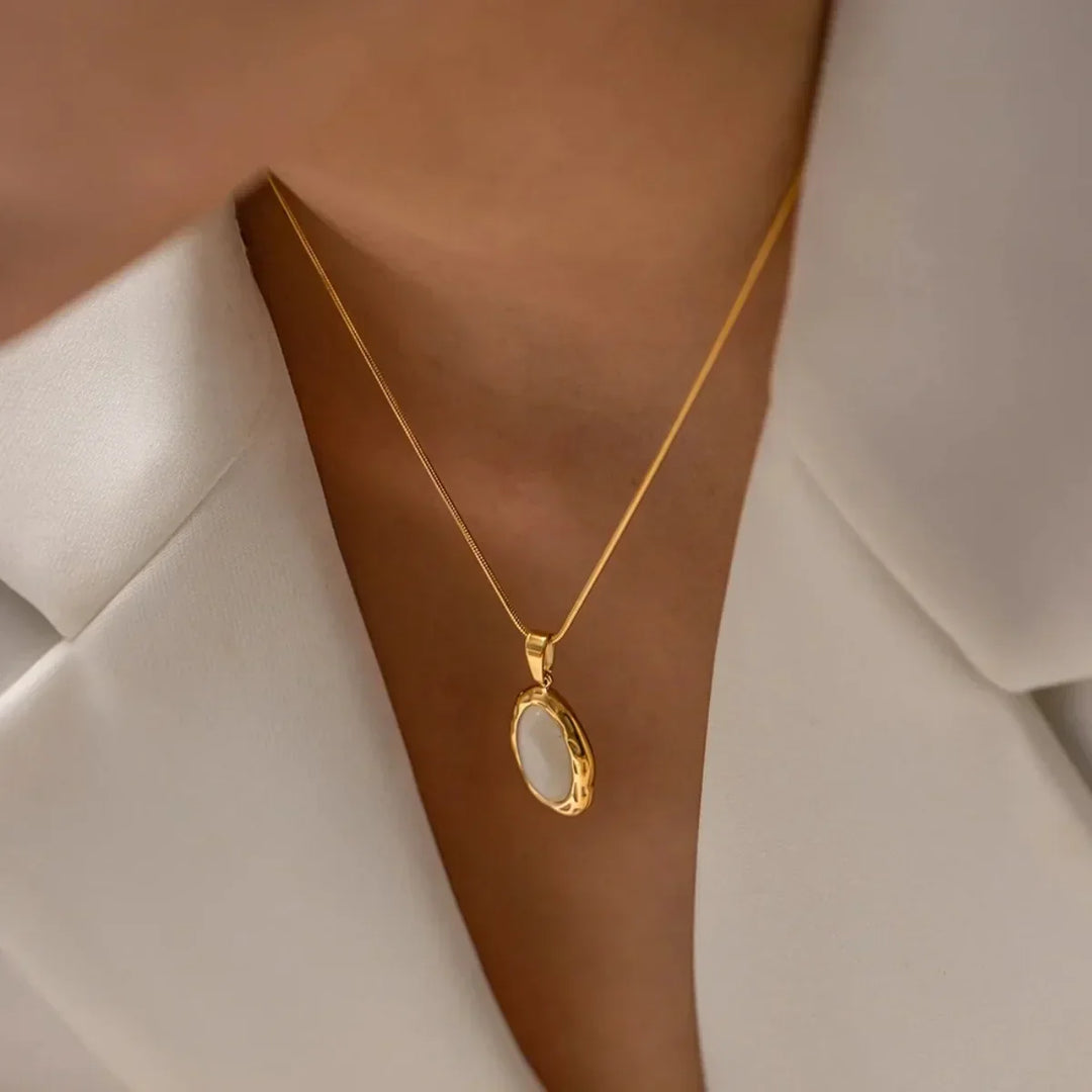 Gold plated oval cat's eye opal necklace