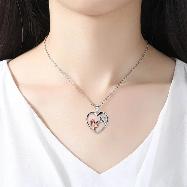 Elegant Heart Zircon Necklace with Girl and Horse