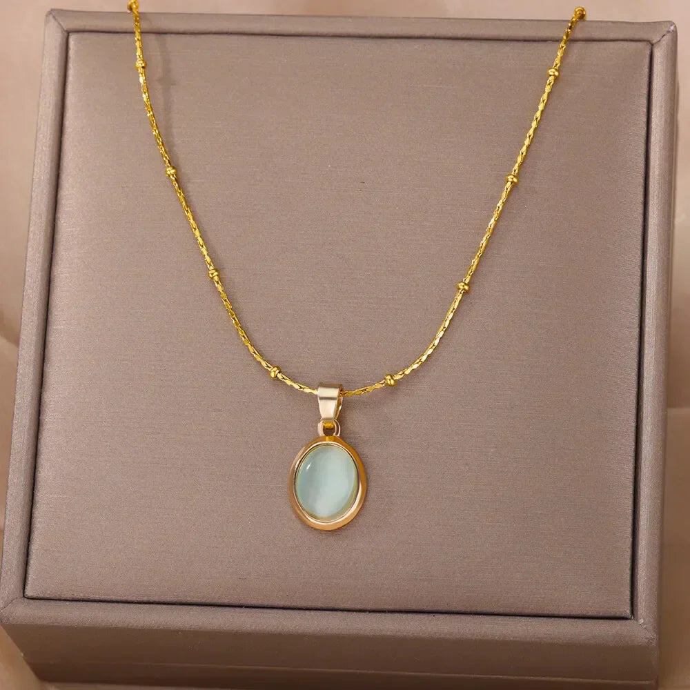 Elegant Gold Stainless Steel Water Drop Opal Pendant Necklace