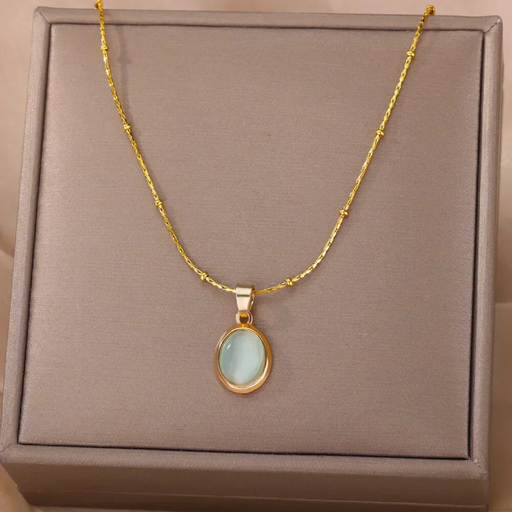 Elegant Gold Stainless Steel Water Drop Opal Pendant Necklace