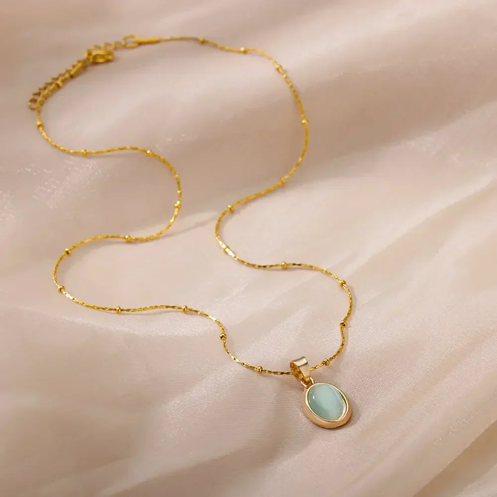 Elegant Gold Stainless Steel Water Drop Opal Pendant Necklace
