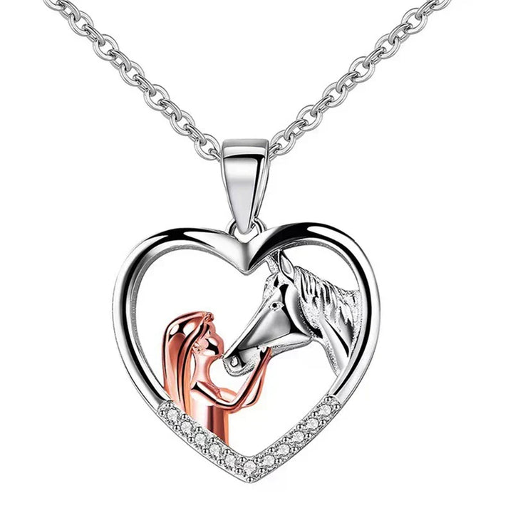 Elegant Heart Zircon Necklace with Girl and Horse