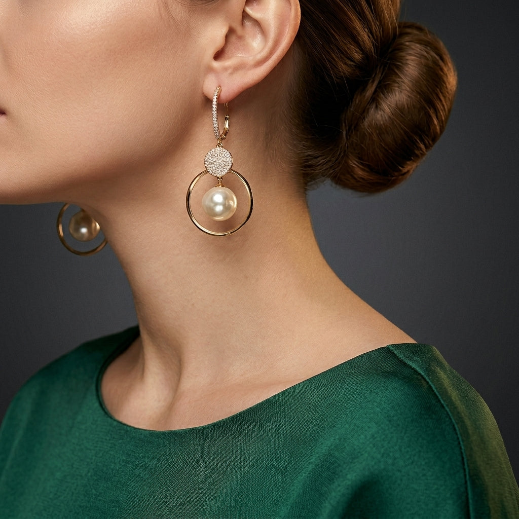 Earrings with Freshwater Pearls and Diamond-Studded Balls
