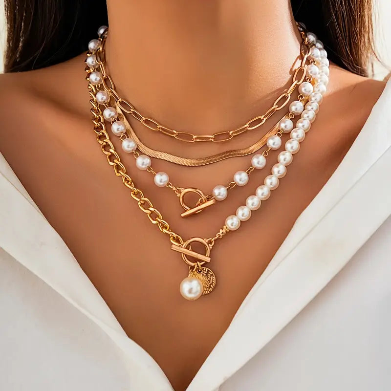 Retro Pearl and Gold Snake Chain Necklace Set