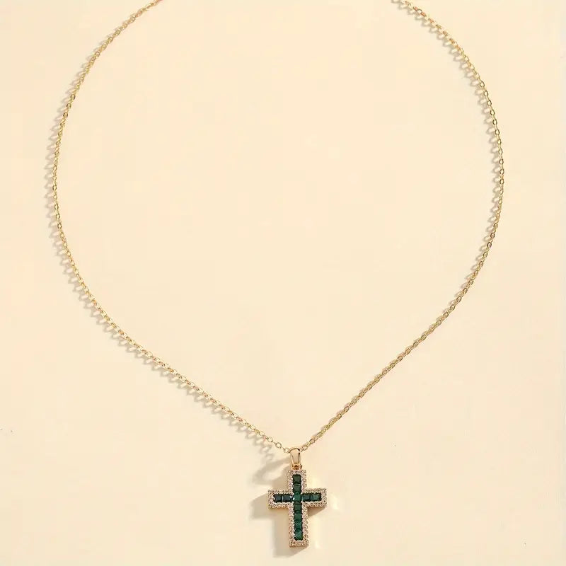 Green Emerald Cross Pendant in Gold Necklace