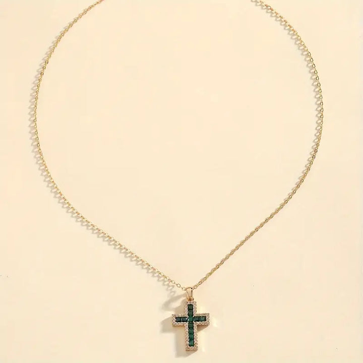 Green Emerald Cross Pendant in Gold Necklace