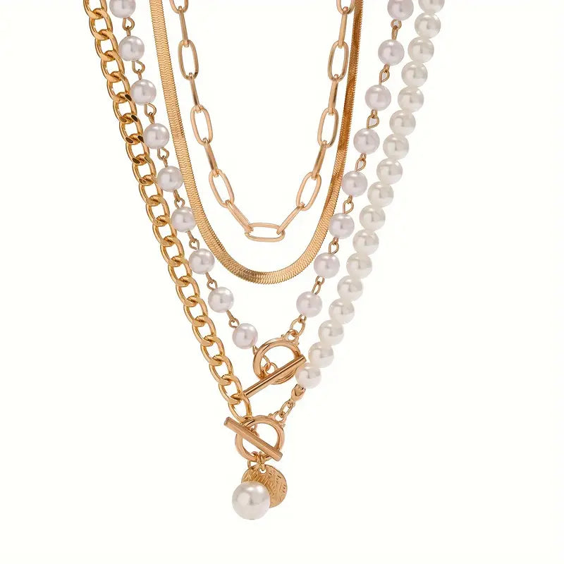 Retro Pearl and Gold Snake Chain Necklace Set