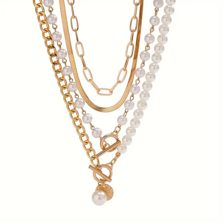 Retro Pearl and Gold Snake Chain Necklace Set