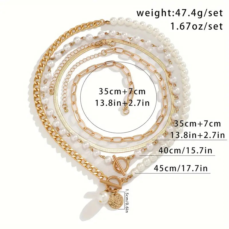 Retro Pearl and Gold Snake Chain Necklace Set