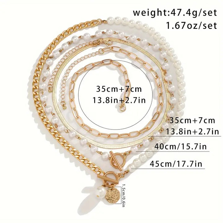 Retro Pearl and Gold Snake Chain Necklace Set
