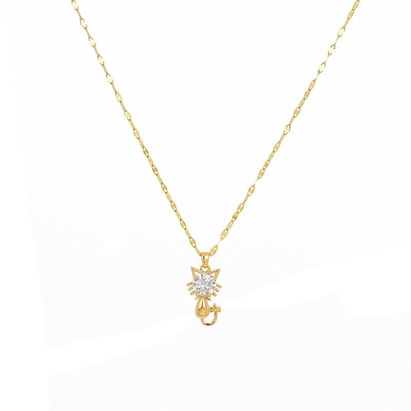 Gold-plated necklace with cat and zircon