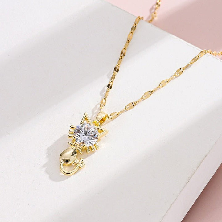 Gold-plated necklace with cat and zircon