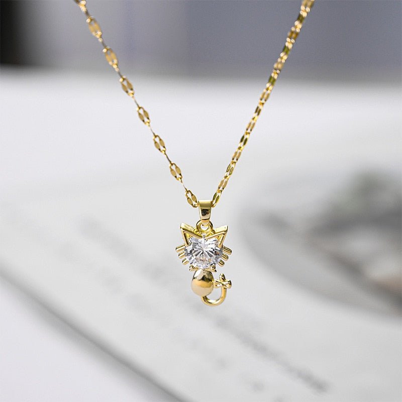 Gold-plated necklace with cat and zircon