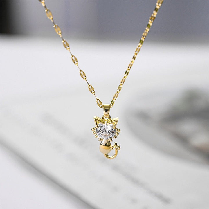 Gold-plated necklace with cat and zircon